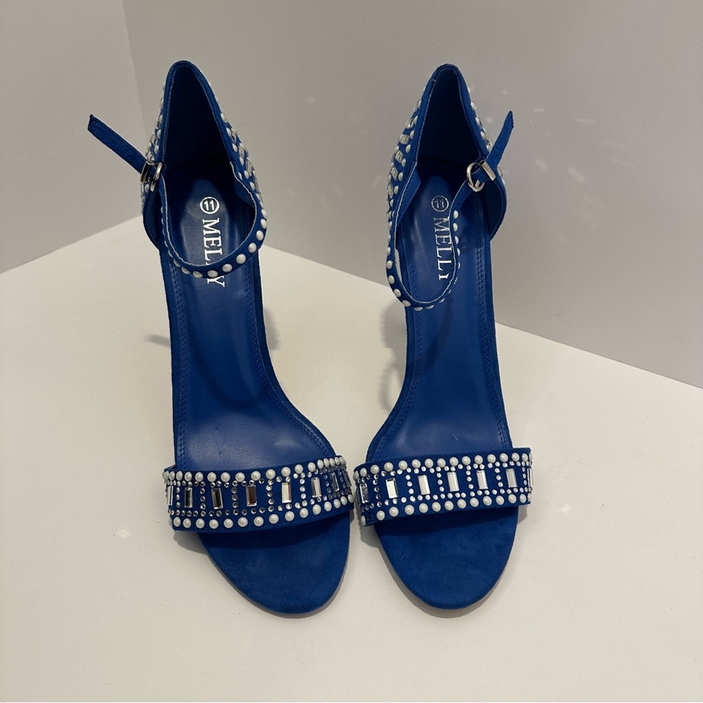 Blue Stiletto Heels with Rhinestone Embellishment